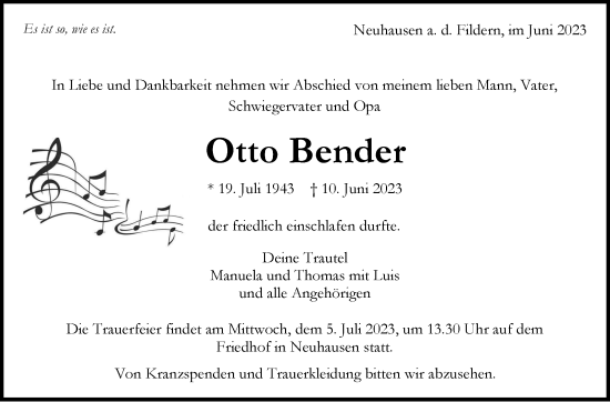 Traueranzeige von Otto Bender von Stuttgarter Zeitung / Stuttgarter Nachrichten