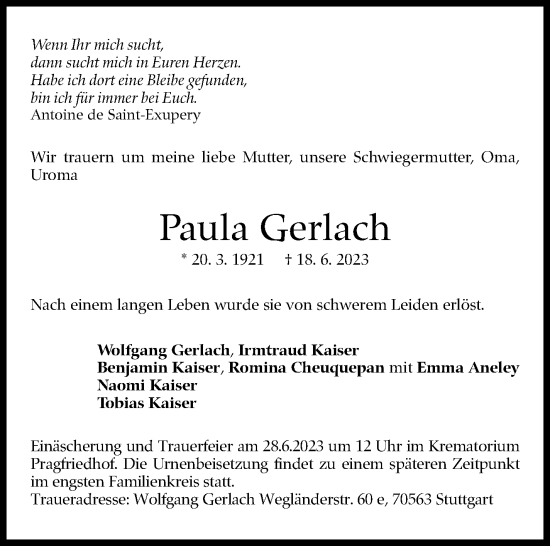 Traueranzeige von Paula Gerlach von Stuttgarter Zeitung / Stuttgarter Nachrichten