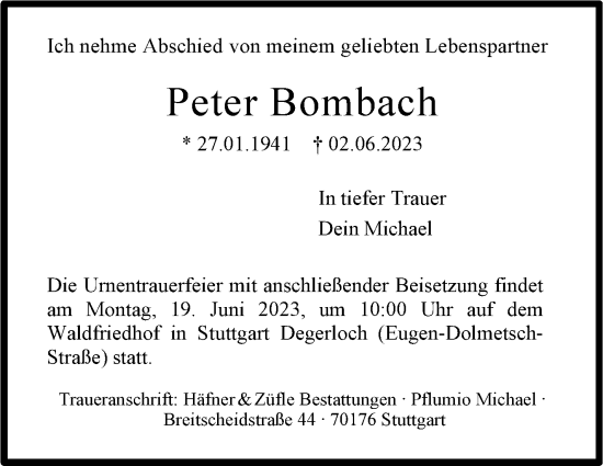 Traueranzeige von Peter Bombach von Stuttgarter Zeitung / Stuttgarter Nachrichten