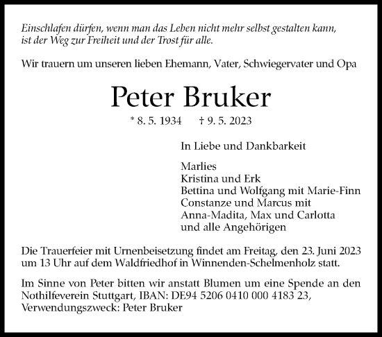 Traueranzeige von Peter Bruker von Stuttgarter Zeitung / Stuttgarter Nachrichten