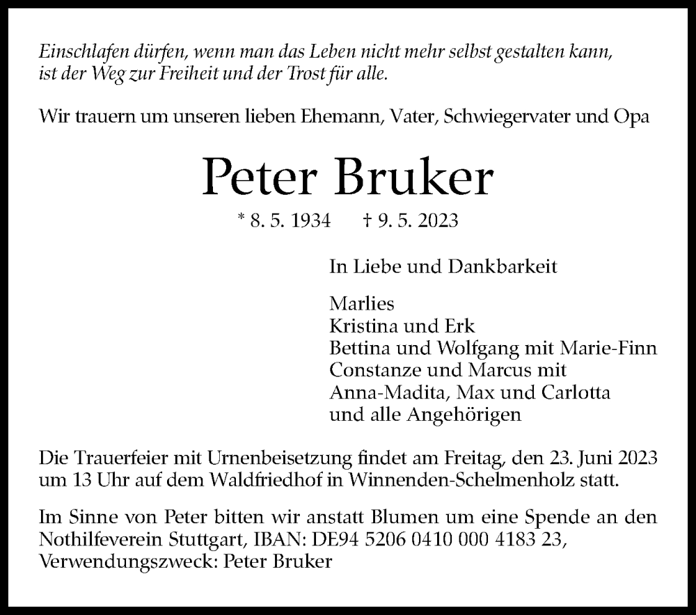  Traueranzeige für Peter Bruker vom 10.06.2023 aus Stuttgarter Zeitung / Stuttgarter Nachrichten