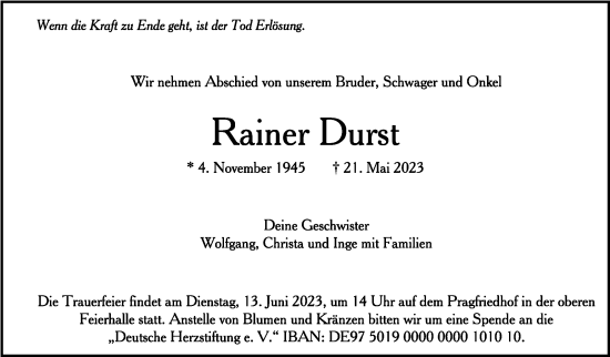 Traueranzeige von Rainer Durst von Stuttgarter Zeitung / Stuttgarter Nachrichten