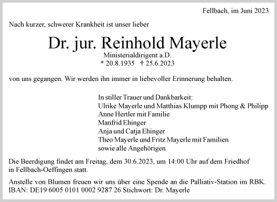 Traueranzeige von Reinhold Mayerle von Stuttgarter Zeitung / Stuttgarter Nachrichten