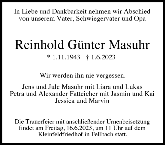 Traueranzeige von Reinhold Günter Masuhr von Stuttgarter Zeitung / Stuttgarter Nachrichten