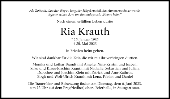 Traueranzeige von Ria Krauth von Stuttgarter Zeitung / Stuttgarter Nachrichten