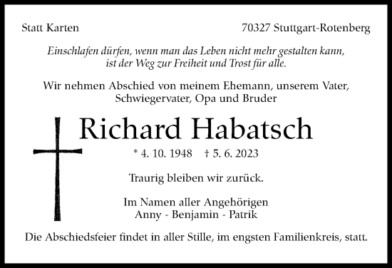 Traueranzeige von Richard Habatsch von Stuttgarter Zeitung / Stuttgarter Nachrichten