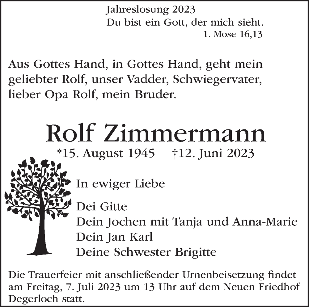  Traueranzeige für Rolf Zimmermann vom 24.06.2023 aus Stuttgarter Zeitung / Stuttgarter Nachrichten