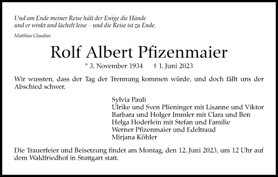Traueranzeige von Rolf Albert Pfizenmaier von Stuttgarter Zeitung / Stuttgarter Nachrichten