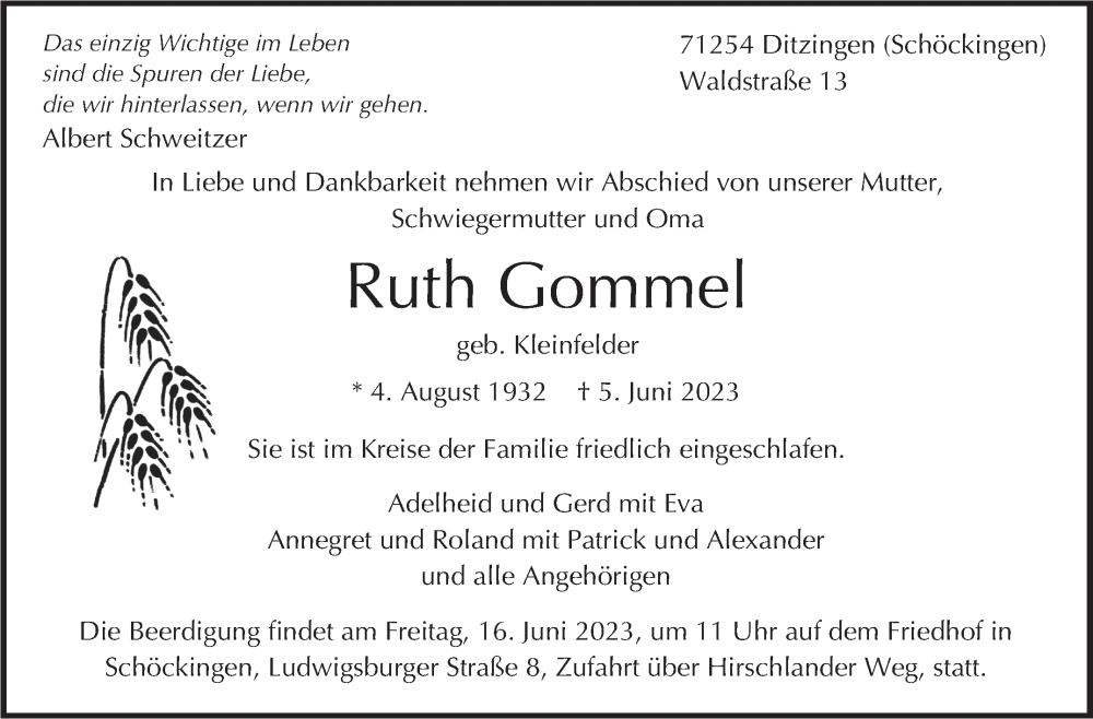  Traueranzeige für Ruth Gommel vom 13.06.2023 aus Stuttgarter Zeitung / Stuttgarter Nachrichten