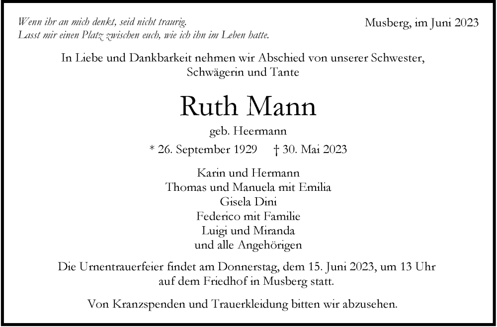  Traueranzeige für Ruth Mann vom 09.06.2023 aus Stuttgarter Zeitung / Stuttgarter Nachrichten