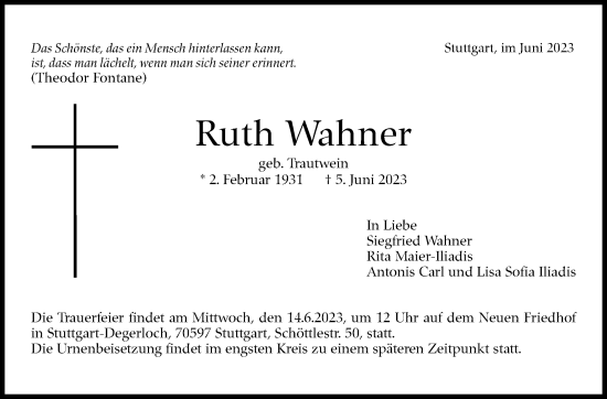 Traueranzeige von Ruth Wahner von Stuttgarter Zeitung / Stuttgarter Nachrichten