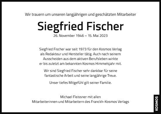Traueranzeige von Siegfried Fischer von Stuttgarter Zeitung / Stuttgarter Nachrichten