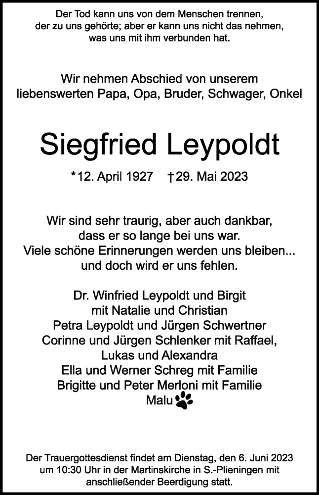  Traueranzeige für Siegfried Leypoldt vom 03.06.2023 aus Stuttgarter Zeitung / Stuttgarter Nachrichten
