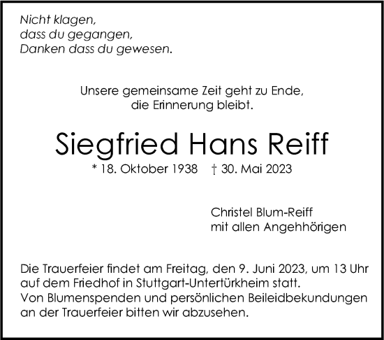 Traueranzeige von Siegfried Hans Reiff von Stuttgarter Zeitung / Stuttgarter Nachrichten