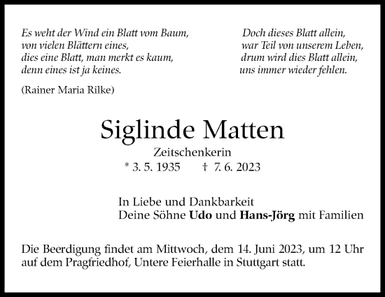 Traueranzeige von Siglinde Matten von Stuttgarter Zeitung / Stuttgarter Nachrichten