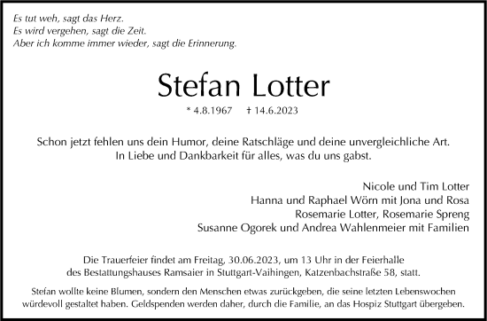 Traueranzeige von Stefan Lotter von Stuttgarter Zeitung / Stuttgarter Nachrichten