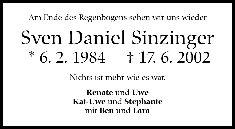 Traueranzeige für Sven Daniel Sinzinger vom 17.06.2023 aus Stuttgarter Zeitung / Stuttgarter Nachrichten