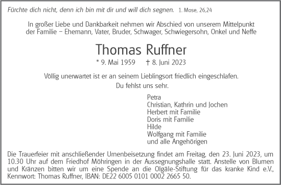 Traueranzeige von Thomas Ruffner von Stuttgarter Zeitung / Stuttgarter Nachrichten
