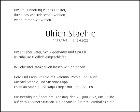 Traueranzeige von Ulrich Staehle von Stuttgarter Zeitung / Stuttgarter Nachrichten