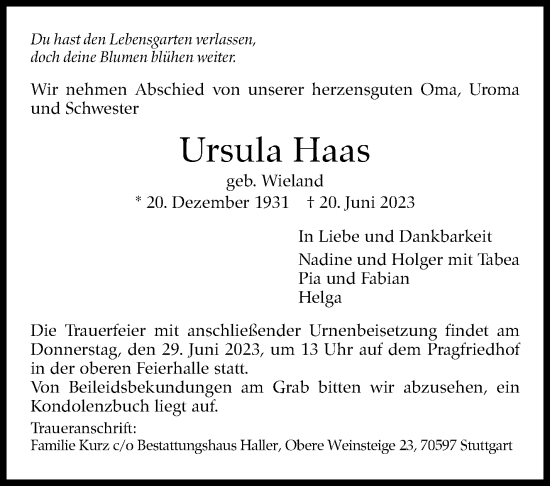Traueranzeige von Ursula Haas von Stuttgarter Zeitung / Stuttgarter Nachrichten