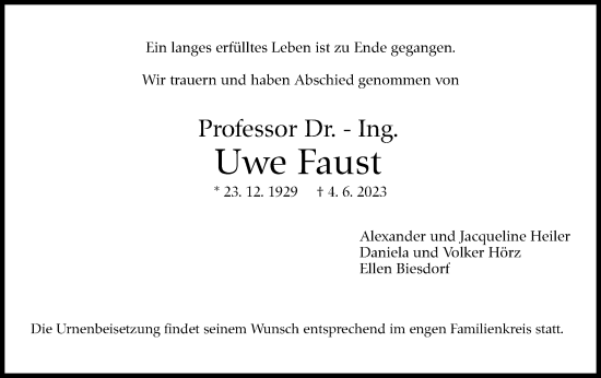 Traueranzeige von Uwe Faust von Stuttgarter Zeitung / Stuttgarter Nachrichten