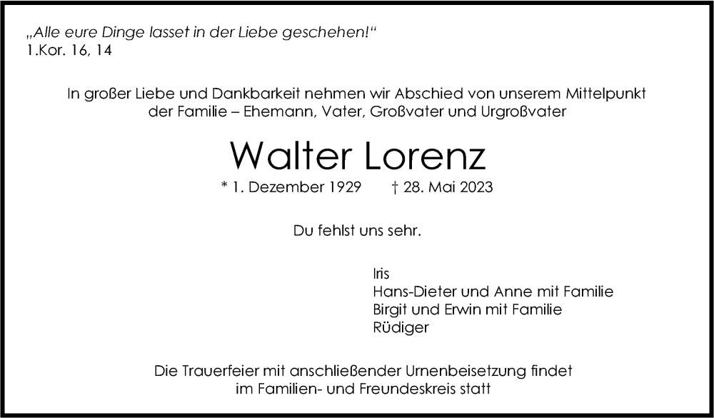  Traueranzeige für Walter Lorenz vom 03.06.2023 aus Stuttgarter Zeitung / Stuttgarter Nachrichten