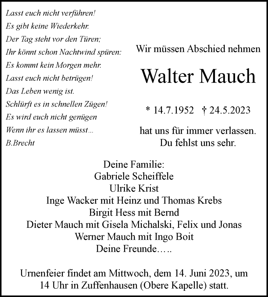  Traueranzeige für Walter Mauch vom 07.06.2023 aus Stuttgarter Zeitung / Stuttgarter Nachrichten