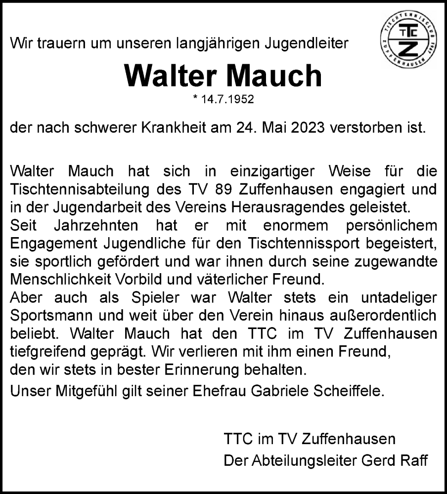  Traueranzeige für Walter Mauch vom 07.06.2023 aus Stuttgarter Zeitung / Stuttgarter Nachrichten