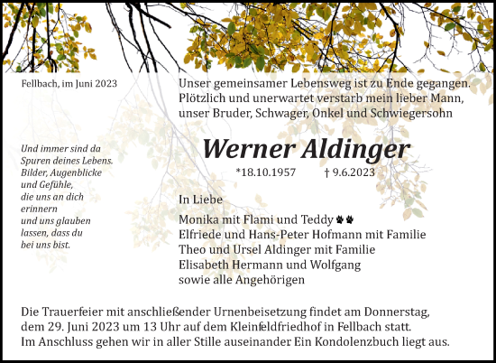 Traueranzeige von Werner Aldinger von Stuttgarter Zeitung / Stuttgarter Nachrichten