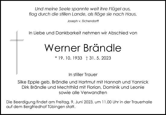 Traueranzeige von Werner Brändle von Stuttgarter Zeitung / Stuttgarter Nachrichten