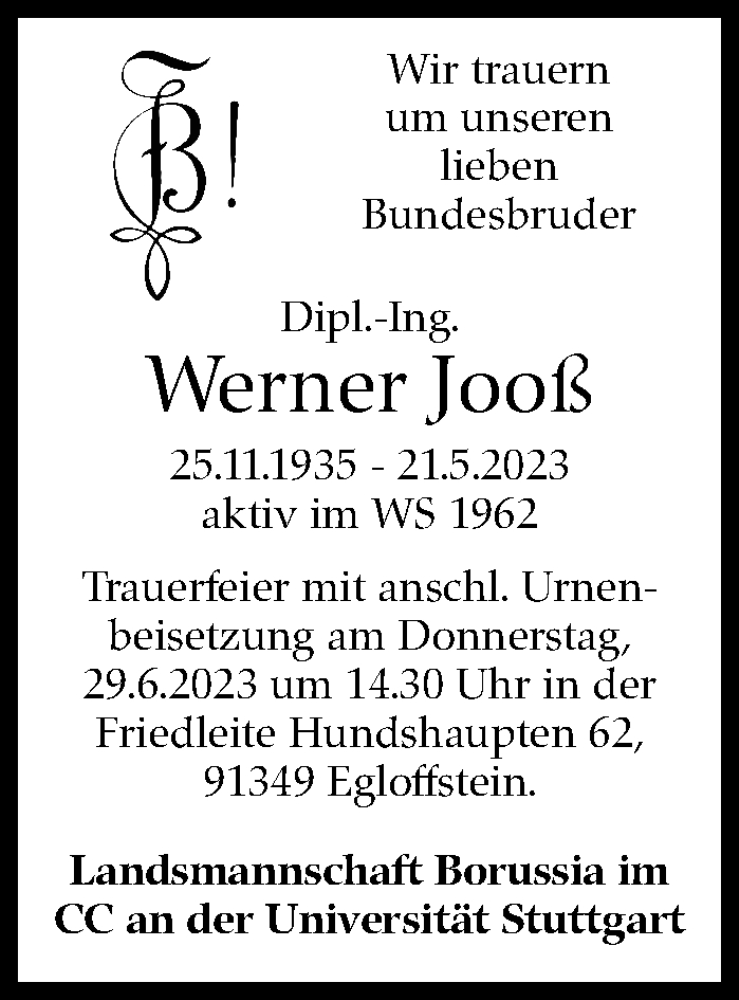  Traueranzeige für Werner Jooß vom 24.06.2023 aus Stuttgarter Zeitung / Stuttgarter Nachrichten