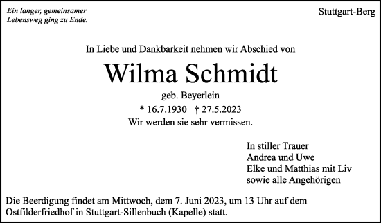 Traueranzeige von Wilma Schmidt von Stuttgarter Zeitung / Stuttgarter Nachrichten