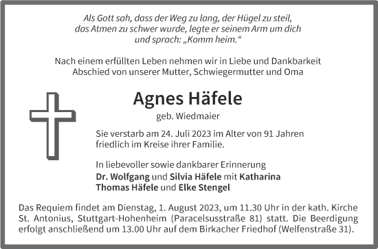 Traueranzeige von Agnes Häfele von Stuttgarter Zeitung / Stuttgarter Nachrichten