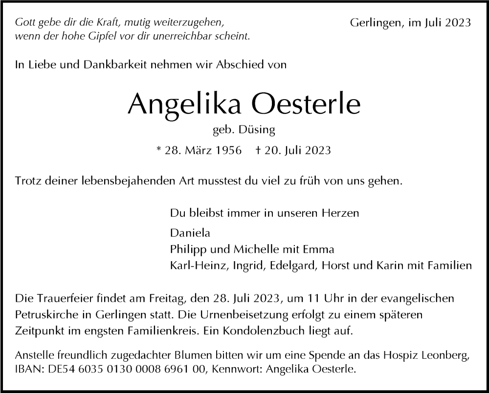  Traueranzeige für Angelika Oesterle vom 27.07.2023 aus Stuttgarter Zeitung / Stuttgarter Nachrichten