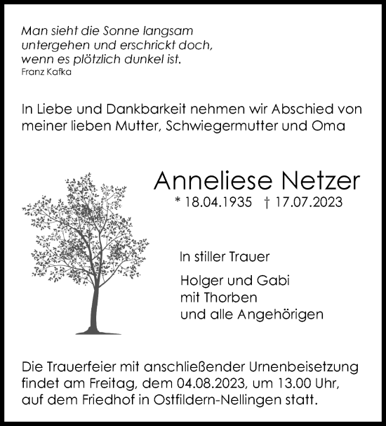 Traueranzeige von Anneliese Netzer von Stuttgarter Zeitung / Stuttgarter Nachrichten