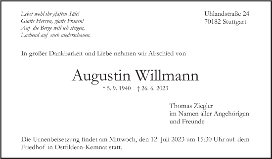 Traueranzeige von Augustin Willmann von Stuttgarter Zeitung / Stuttgarter Nachrichten