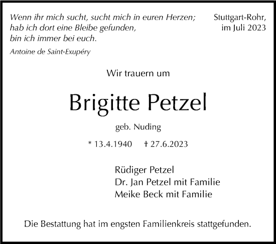 Traueranzeige von Brigitte Petzel von Stuttgarter Zeitung / Stuttgarter Nachrichten