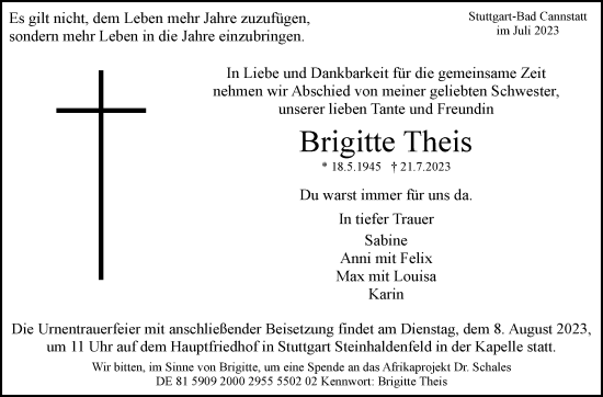 Traueranzeige von Brigitte Theis von Stuttgarter Zeitung / Stuttgarter Nachrichten