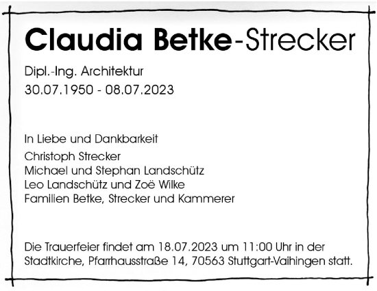 Traueranzeige von Claudia Betke-Strecker von Stuttgarter Zeitung / Stuttgarter Nachrichten