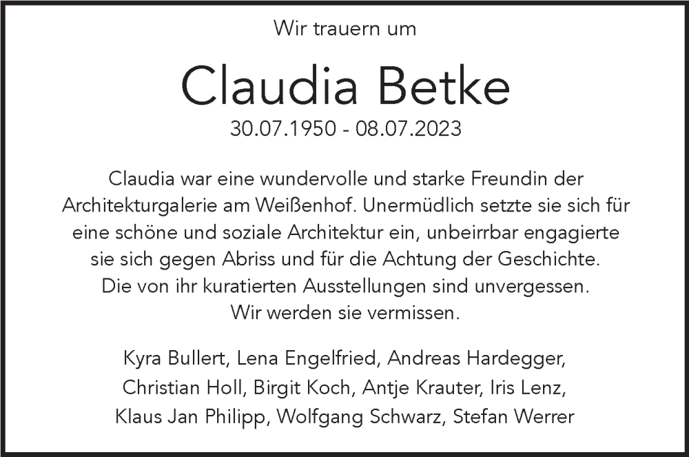  Traueranzeige für Claudia Betke vom 13.07.2023 aus Stuttgarter Zeitung / Stuttgarter Nachrichten