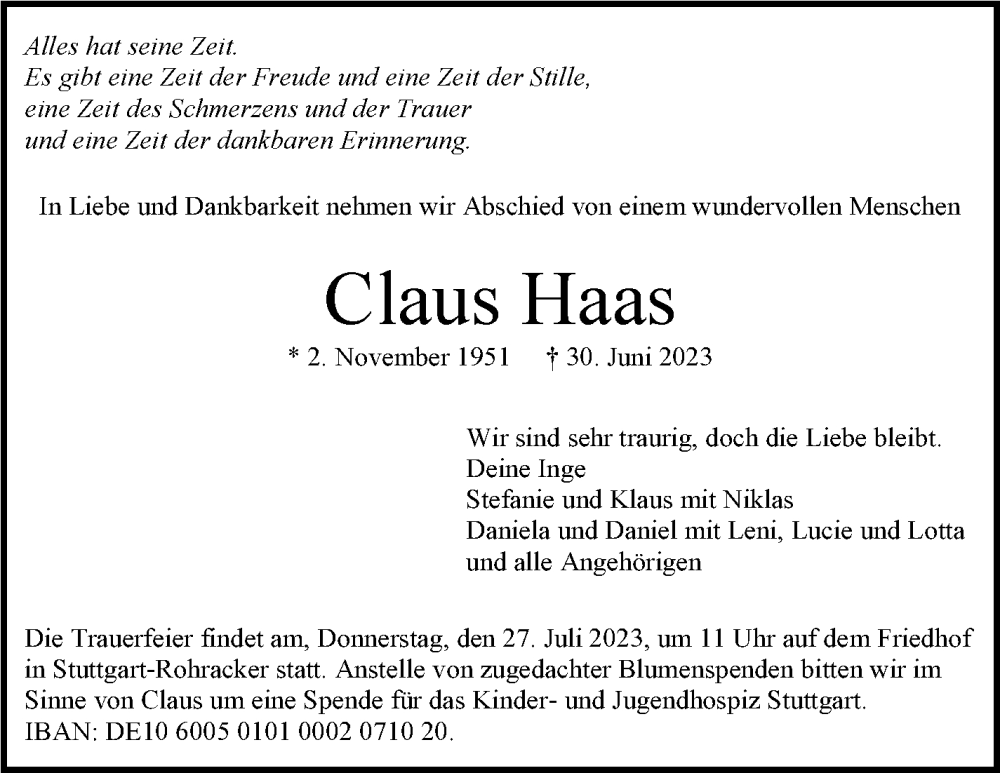  Traueranzeige für Claus Haas vom 15.07.2023 aus Stuttgarter Zeitung / Stuttgarter Nachrichten
