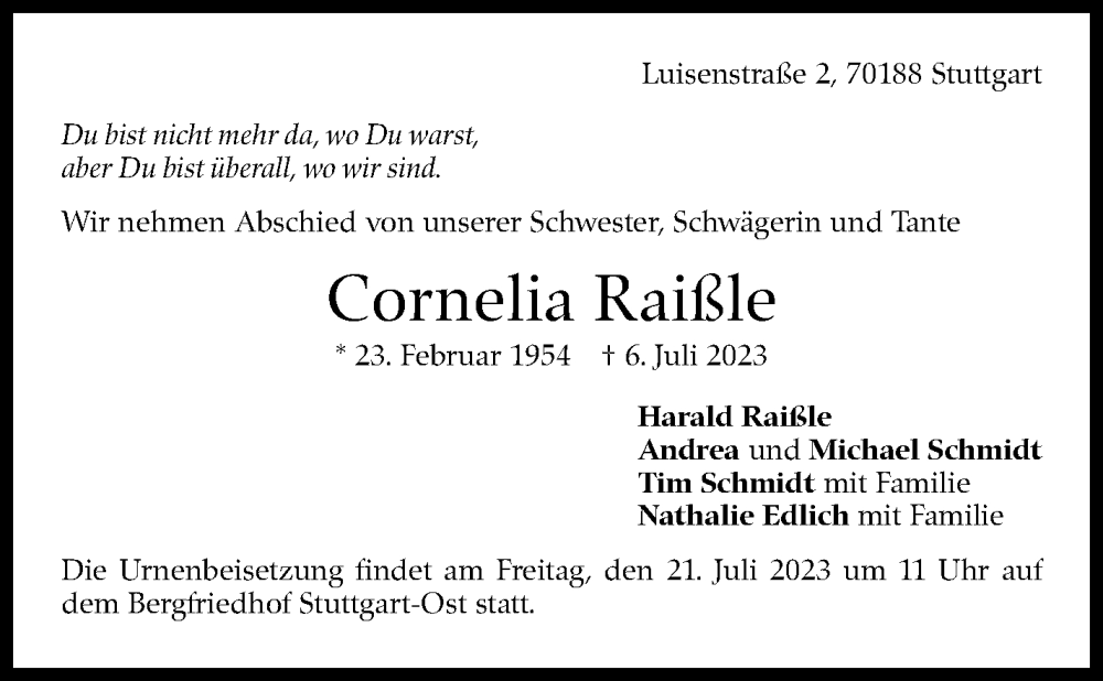  Traueranzeige für Cornelia Raißle vom 14.07.2023 aus Stuttgarter Zeitung / Stuttgarter Nachrichten