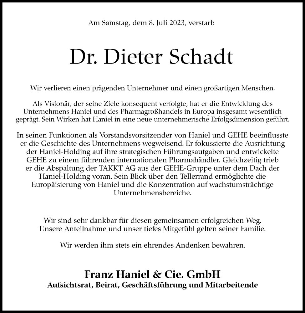  Traueranzeige für Dieter Schadt vom 15.07.2023 aus Stuttgarter Zeitung / Stuttgarter Nachrichten