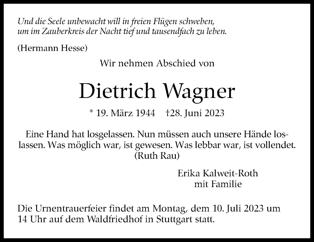  Traueranzeige für Dietrich Wagner vom 08.07.2023 aus Stuttgarter Zeitung / Stuttgarter Nachrichten