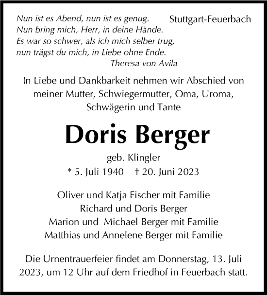 Traueranzeige von Doris Berger von Stuttgarter Zeitung / Stuttgarter Nachrichten