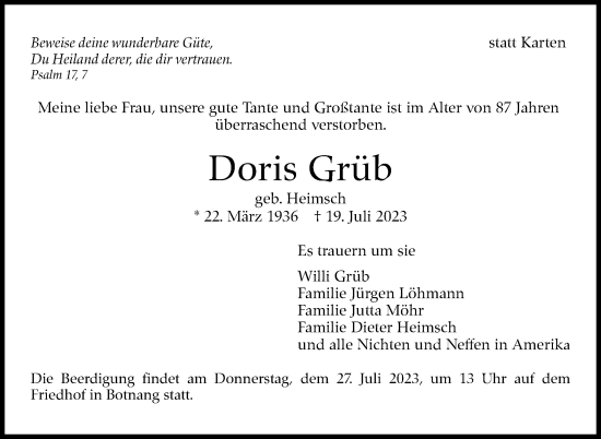 Traueranzeige von Doris Grüb von Stuttgarter Zeitung / Stuttgarter Nachrichten