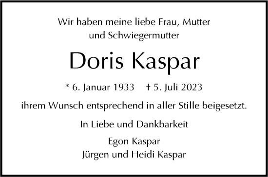 Traueranzeige von Doris Kaspar von Stuttgarter Zeitung / Stuttgarter Nachrichten