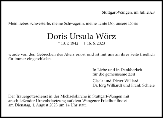 Traueranzeige von Doris Ursula Wörz von Stuttgarter Zeitung / Stuttgarter Nachrichten