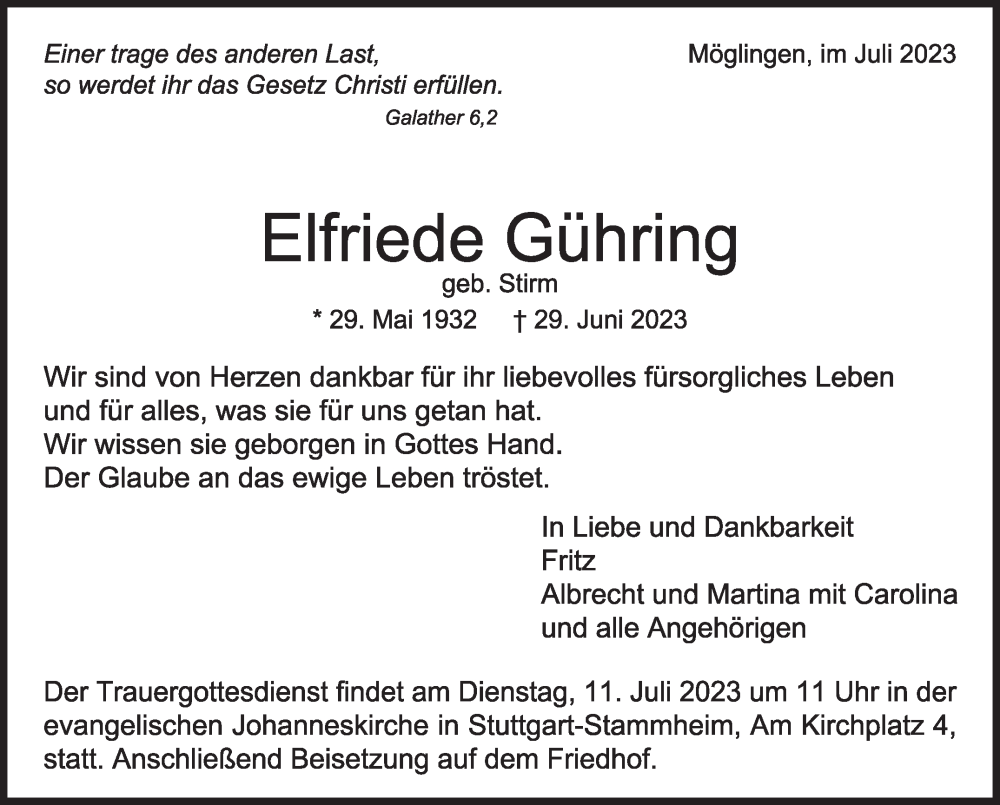  Traueranzeige für Elfriede Gühring vom 06.07.2023 aus Stuttgarter Zeitung / Stuttgarter Nachrichten