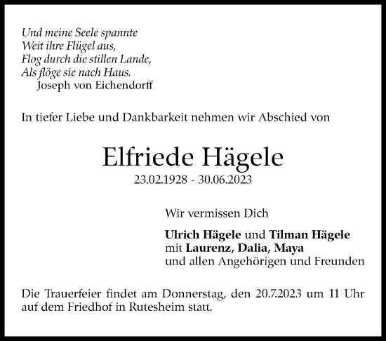 Traueranzeige von Elfriede Hägele von Stuttgarter Zeitung / Stuttgarter Nachrichten